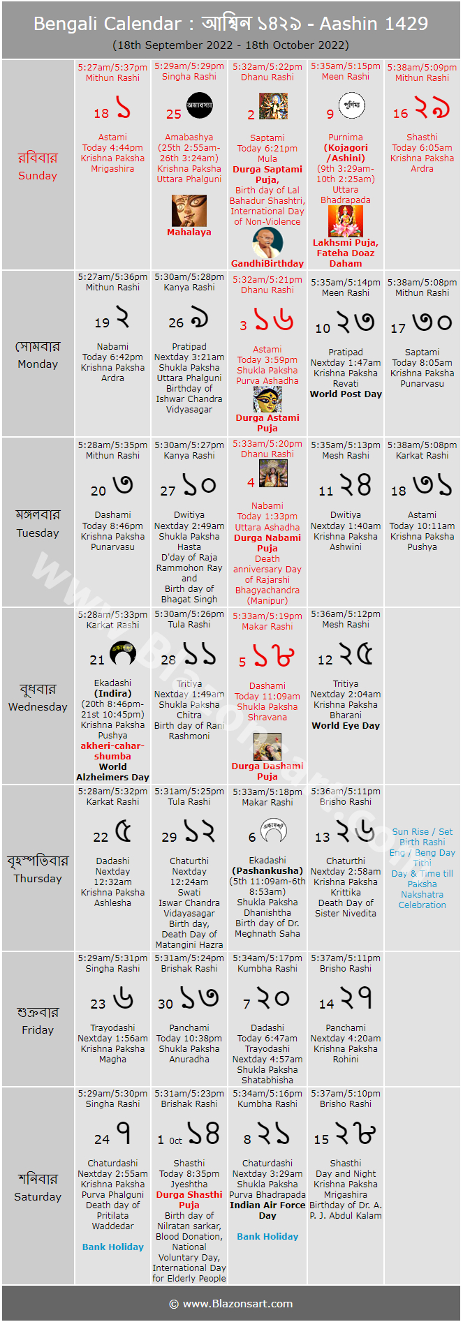 Bengali Calendar - Aashin 1429 : বাংলা কালেন্ডার - আশ্বিন