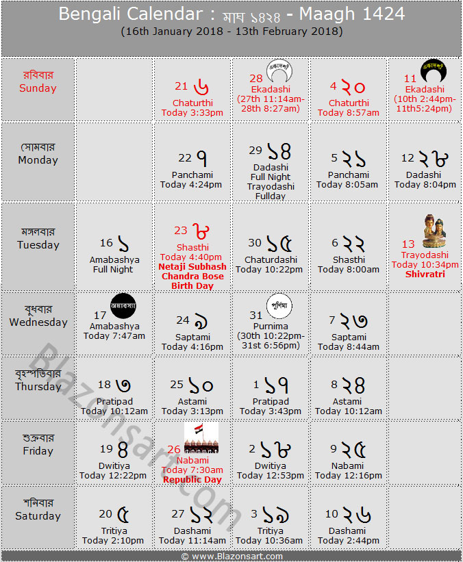 Bengali Calendar - Maagh 1424 : বাংলা কালেন্ডার - মাঘ ১৪২৪