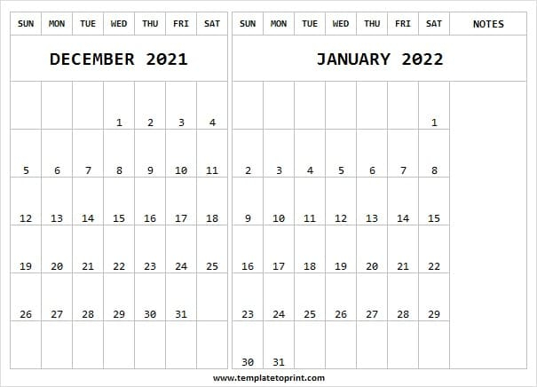 Blank December 2021 January 2022 Calendar - 2021 Calendar Free