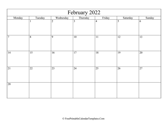 Blank Editable February Calendar 2022 (Landscape)