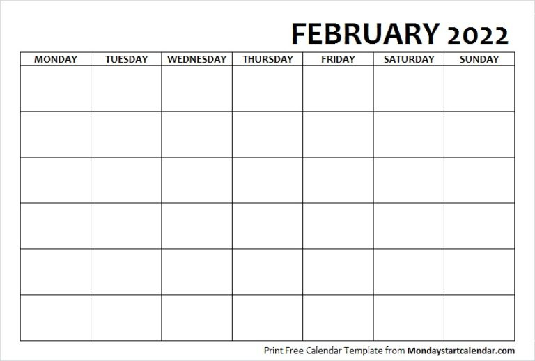 Blank February 2022 Calendar Monday Start Template To Print