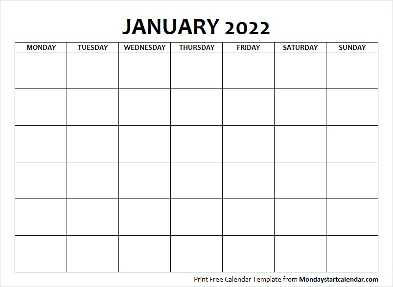 Blank January 2022 Calendar Monday Start Template To Print