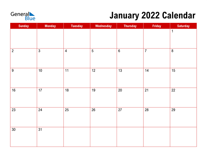 Blank January 2022 Calendar Word