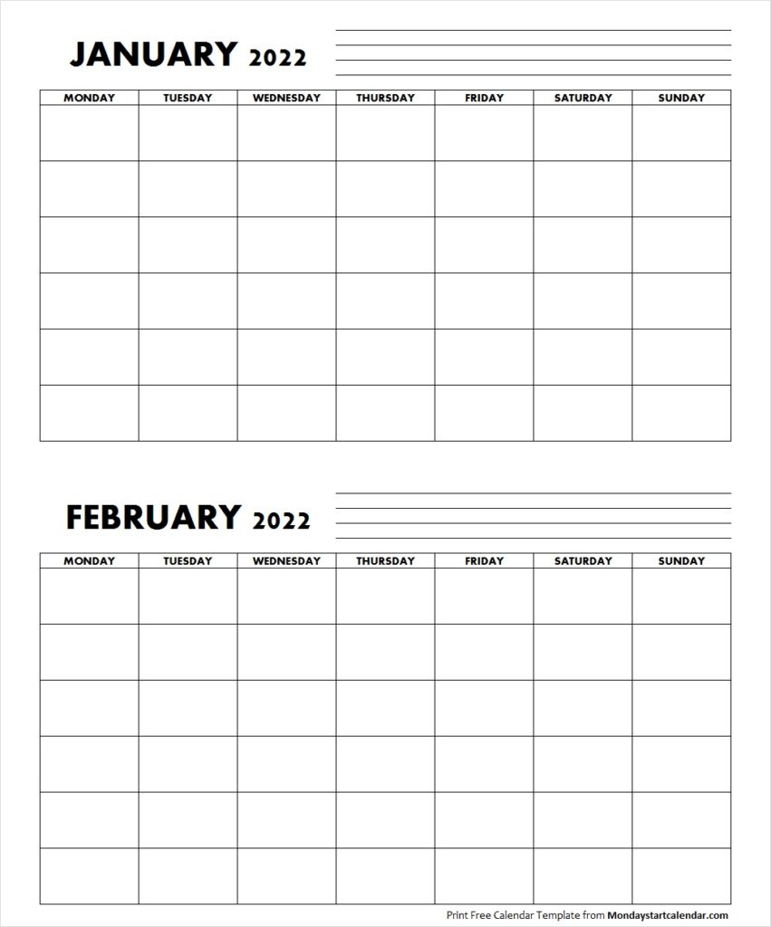 Blank January February 2022 Calendar Monday Start