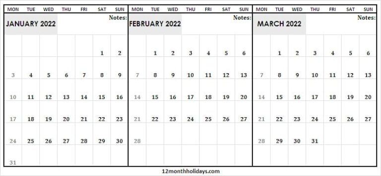 Blank January To March 2022 Calendar Template - Free