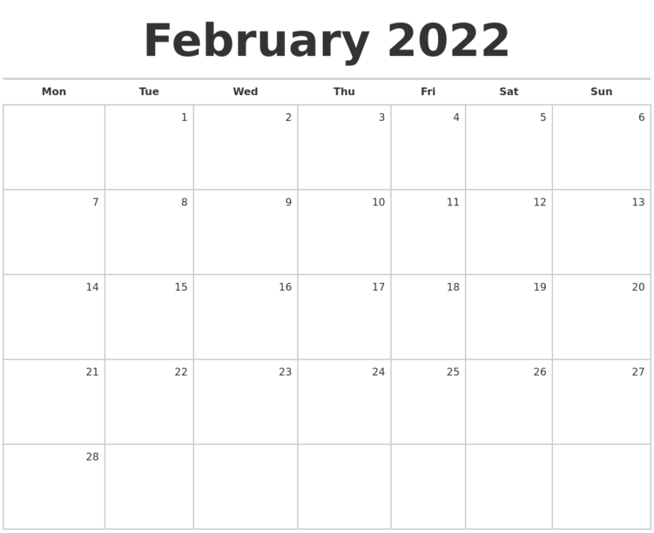 Blank Printable Calendar 2022 February - 2023 Printable