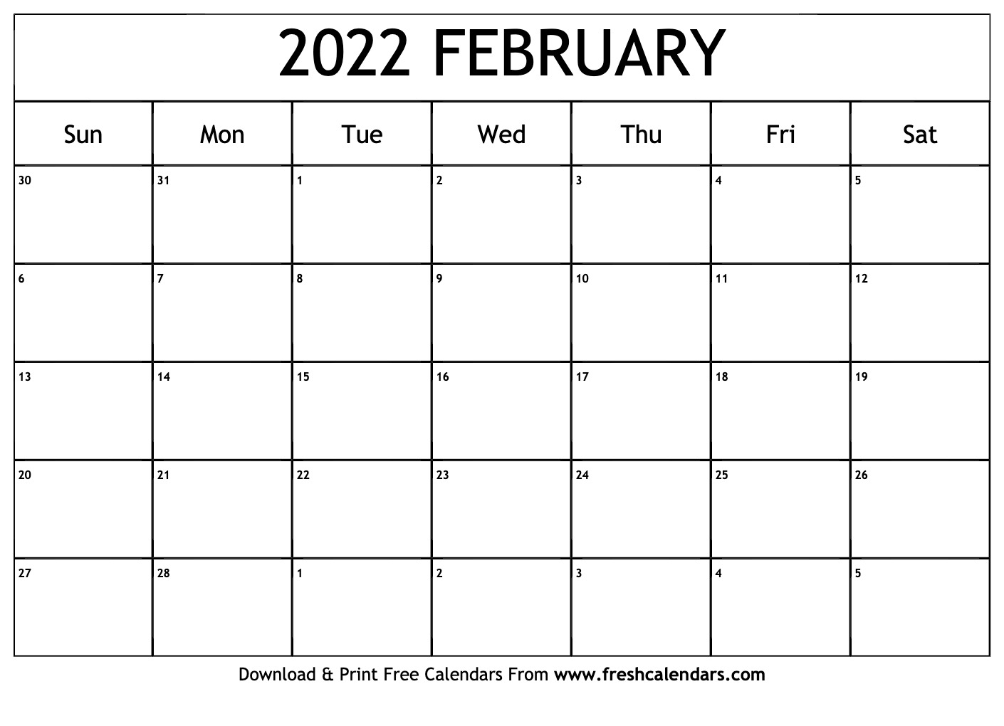 Blank Printable February 2022 Calendars