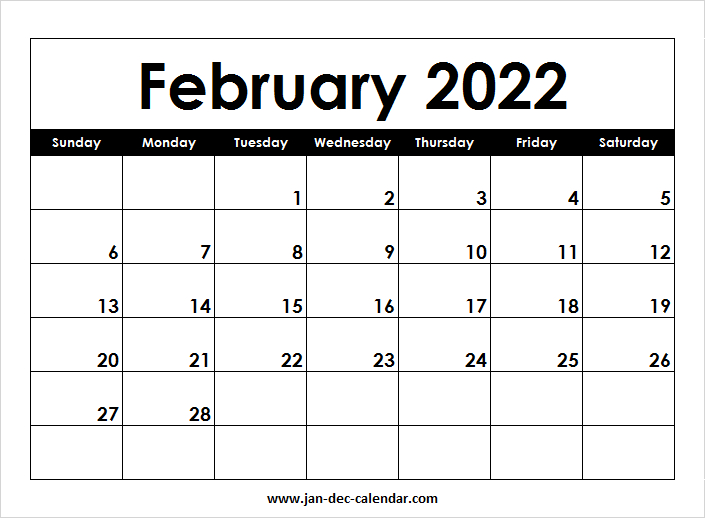 Blank Printable February Calendar 2022 Template Free