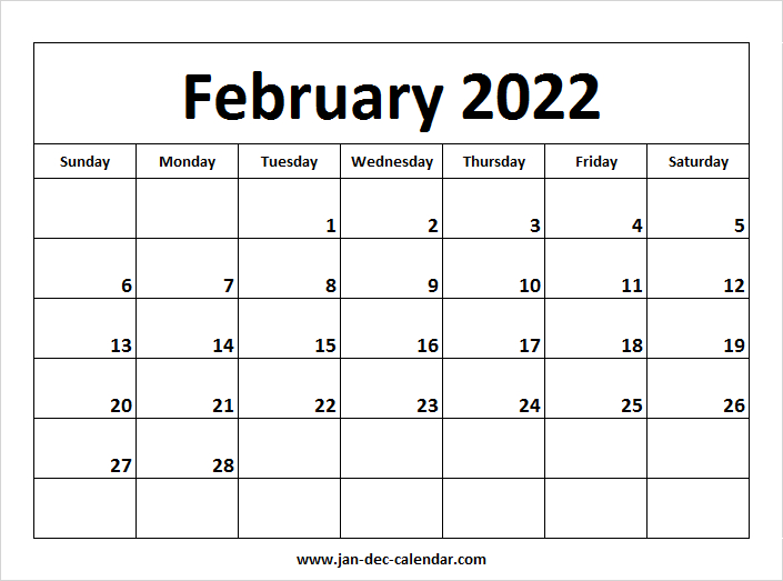 Blank Printable February Calendar 2022 Template Free