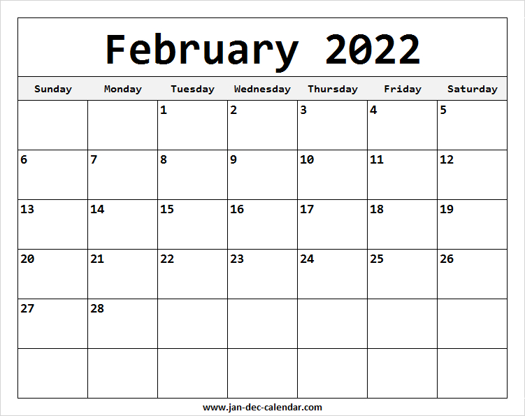 Blank Printable February Calendar 2022 Template Free