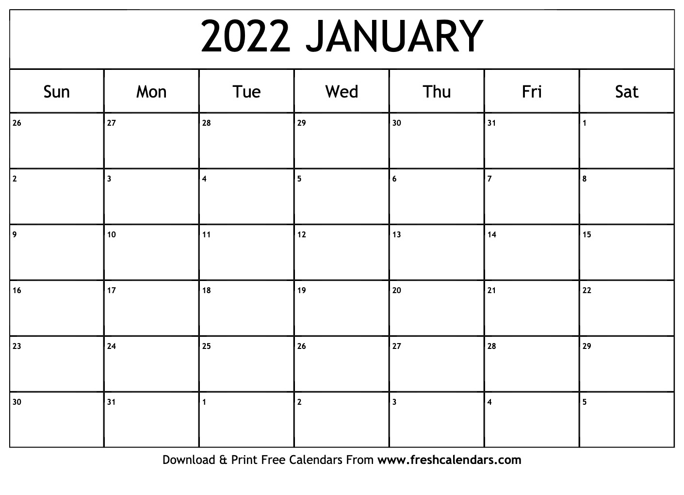 Blank Printable January 2022 Calendars