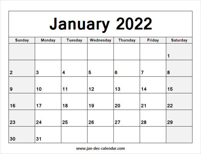 Blank Printable January Calendar 2022 Template Free