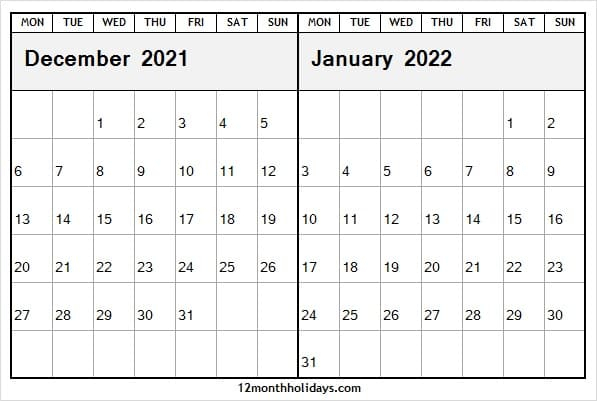 Calendar December 2021 January 2022 | 2021 Blank Calendar