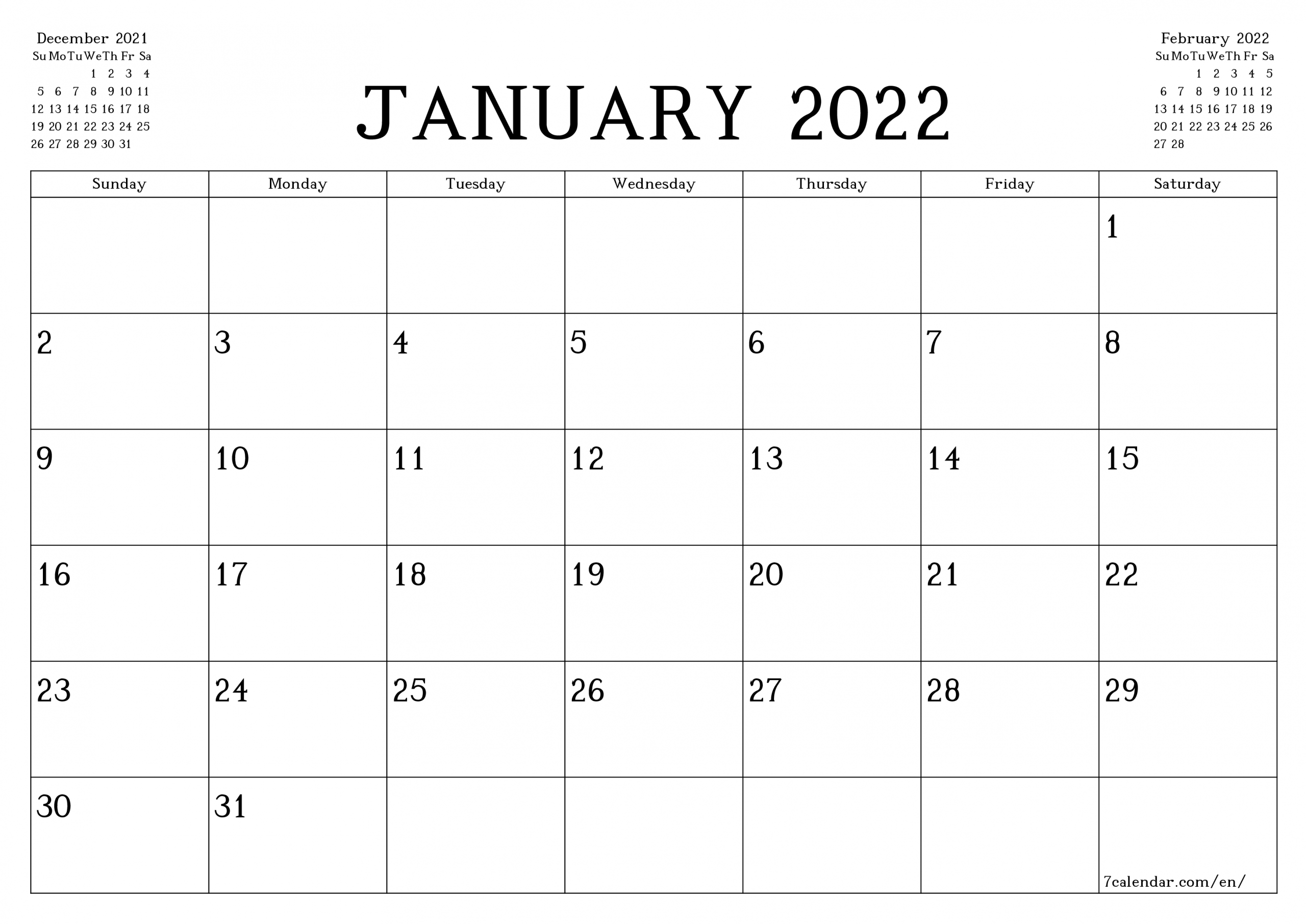 Calendar December 2021 January 2022 : Free January 2022