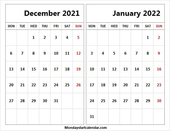 Calendar December 2021 January 2022 Mon To Fri - Pinterest