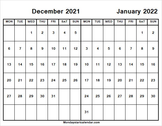 Calendar December 2021 January 2022 Mon To Fri - Pinterest
