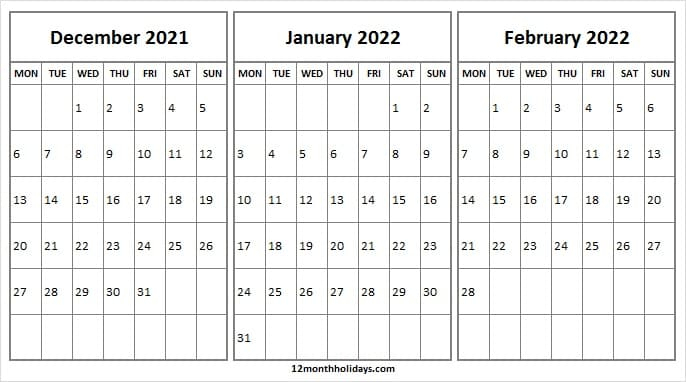 Calendar December 2021 To February 2022 Template