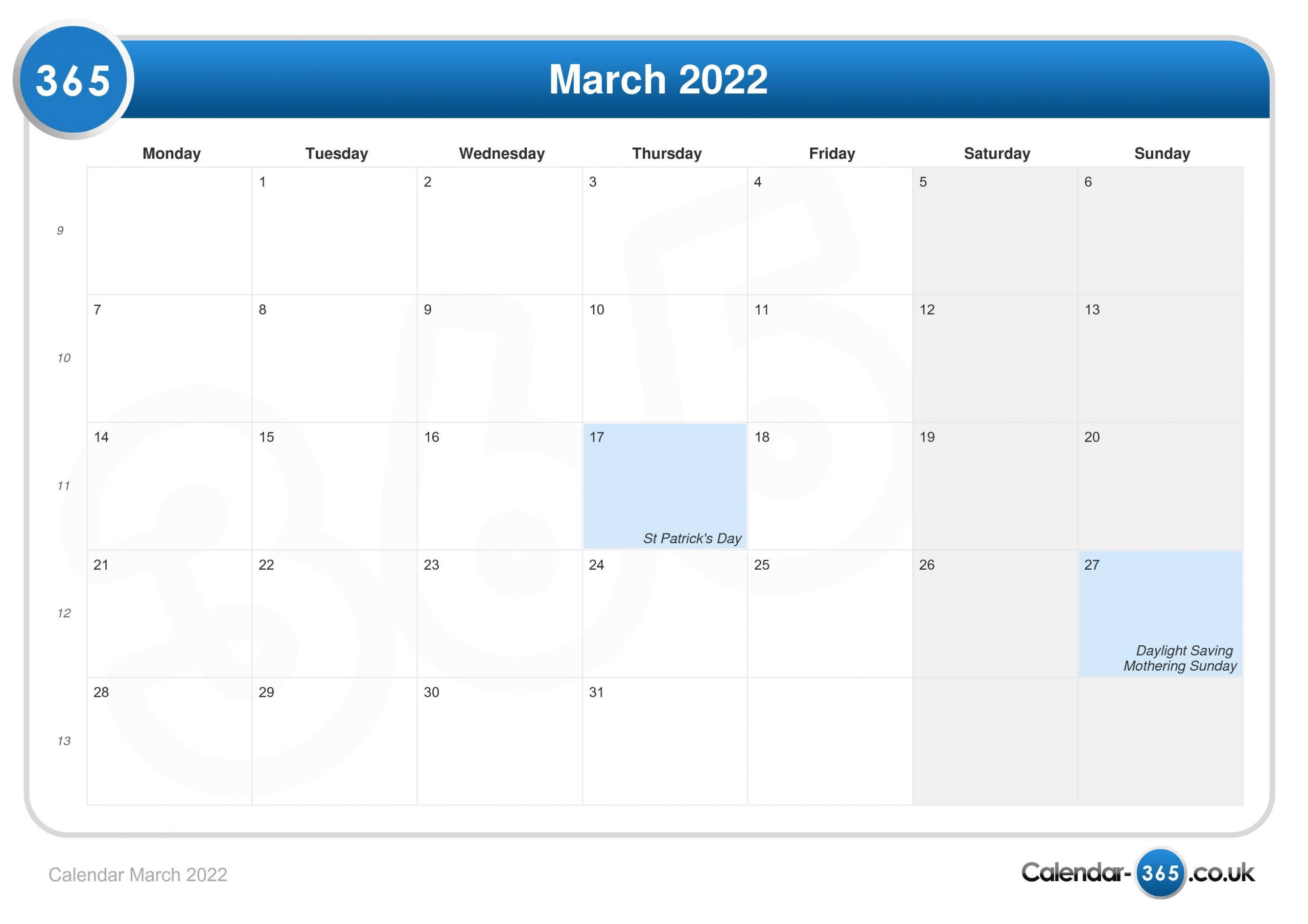 Calendar March 2022