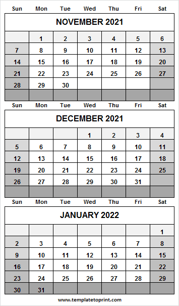 Calendar November 2021 To January 2022 Template - 2021