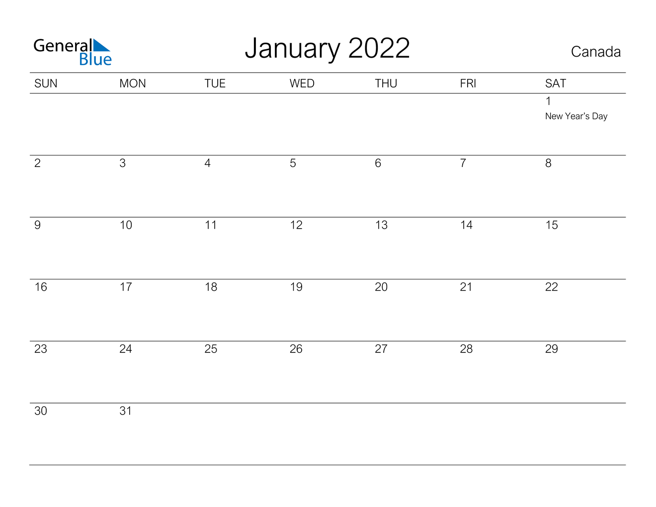 Canada January 2022 Calendar With Holidays