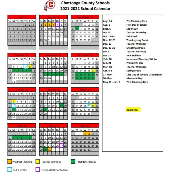 Chattooga County School System Approves 2021-2022 Calendar