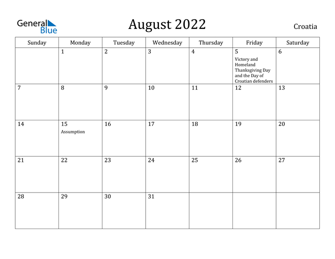 Croatia August 2022 Calendar With Holidays