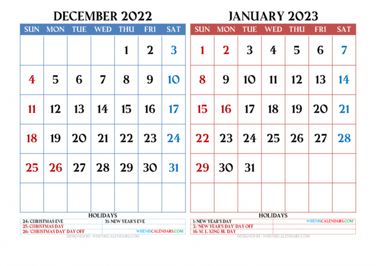 Dec 2022 January 2023 Calendar Printable - Print A Calendars