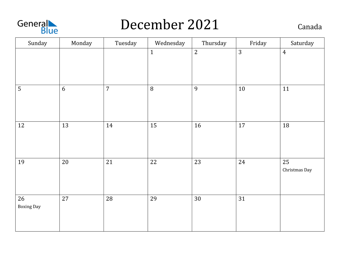 December 2021 Calendar - Canada