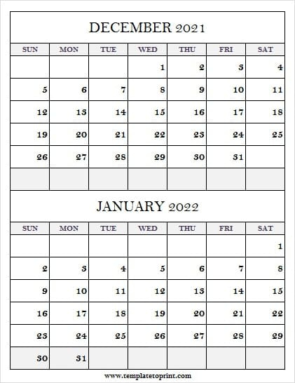 December 2021 January 2022 Calendar A4 | Free Printable