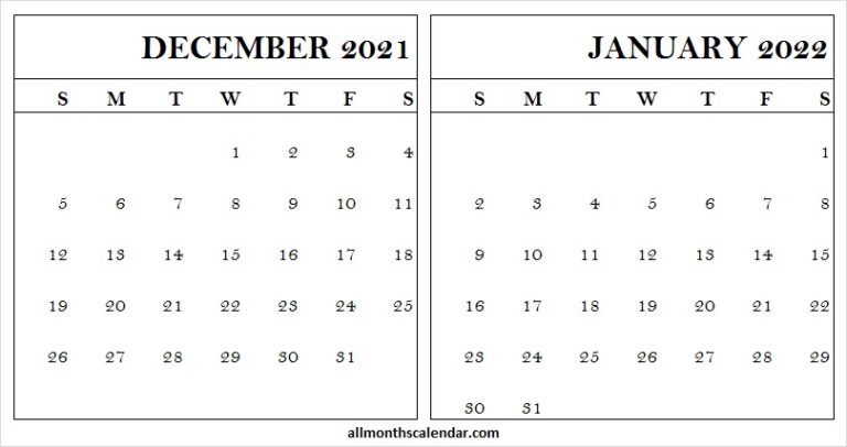 December 2021 January 2022 Calendar Blank - Dec Month