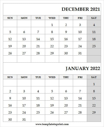 December 2021 January 2022 Calendar Month - Printable 2021