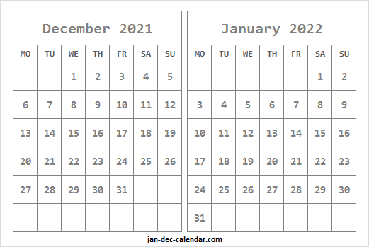 December 2021 January 2022 Calendar To Print - Dec