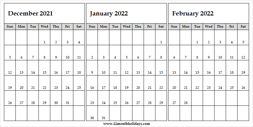 December 2021 To February 2022 Calendar Editable - 2021