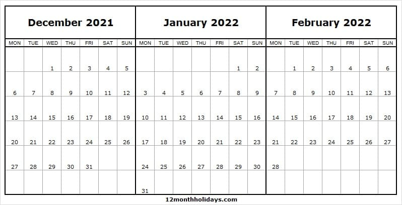 December 2021 To February 2022 Calendar Excel - Free