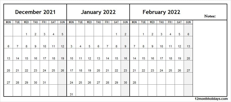 December 2021 To February 2022 Calendar Excel - Free