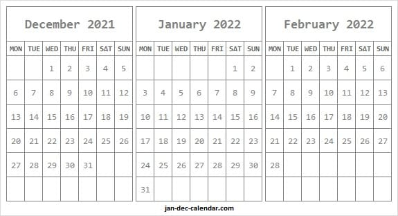 December 2021 To February 2022 Calendar Monday Start To