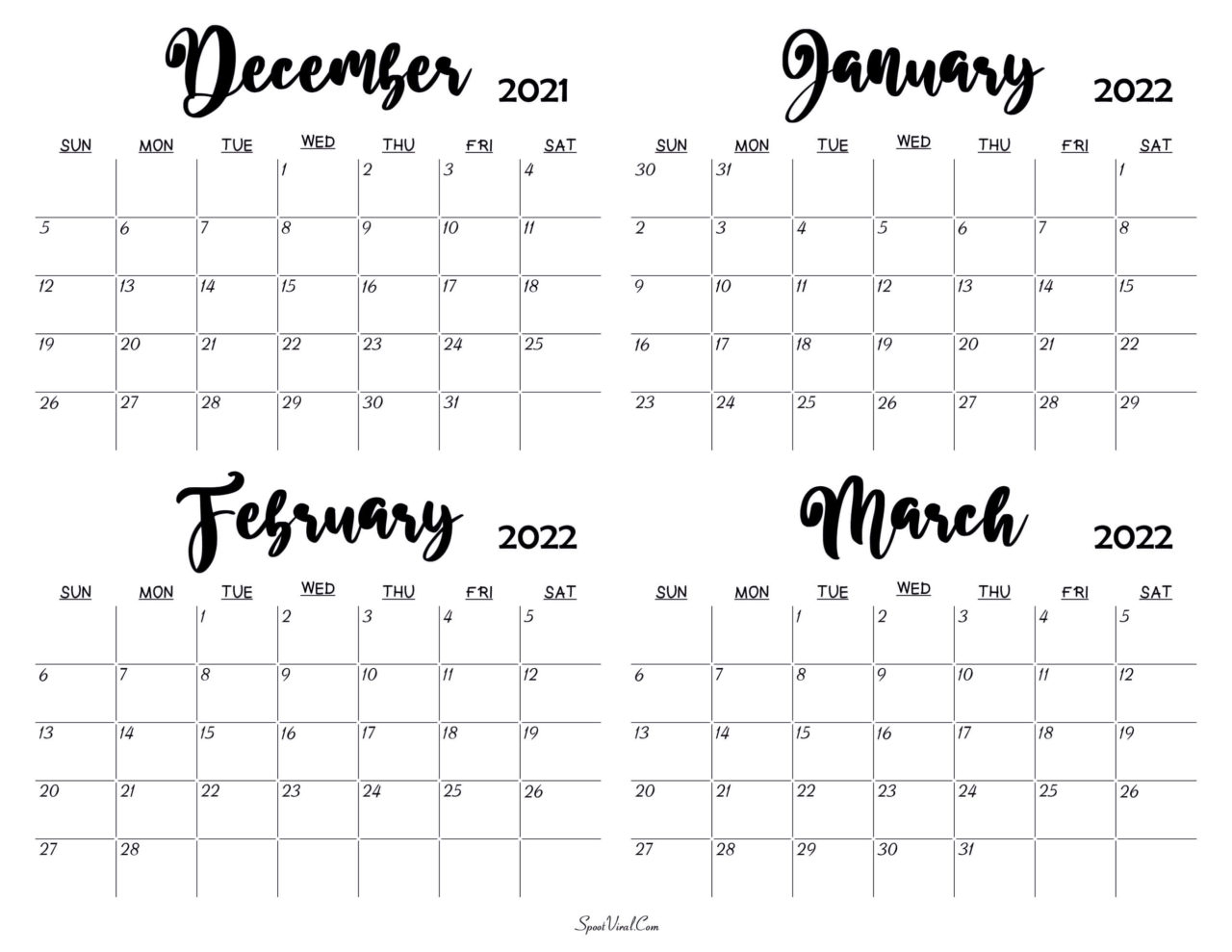December 2021 To January 2022 Calendar Templates - Spootviral