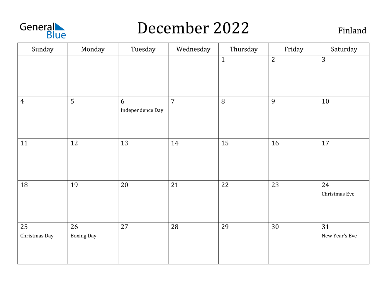 December 2022 Calendar - Finland