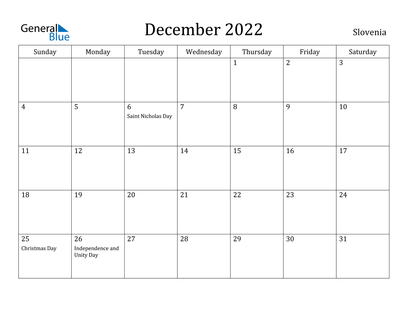 December 2022 Calendar - Slovenia