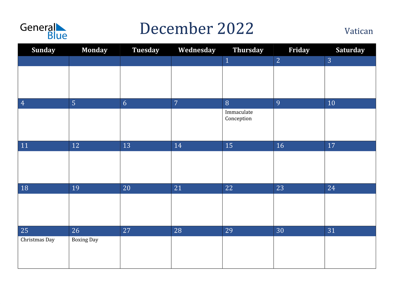 December 2022 Calendar - Vatican