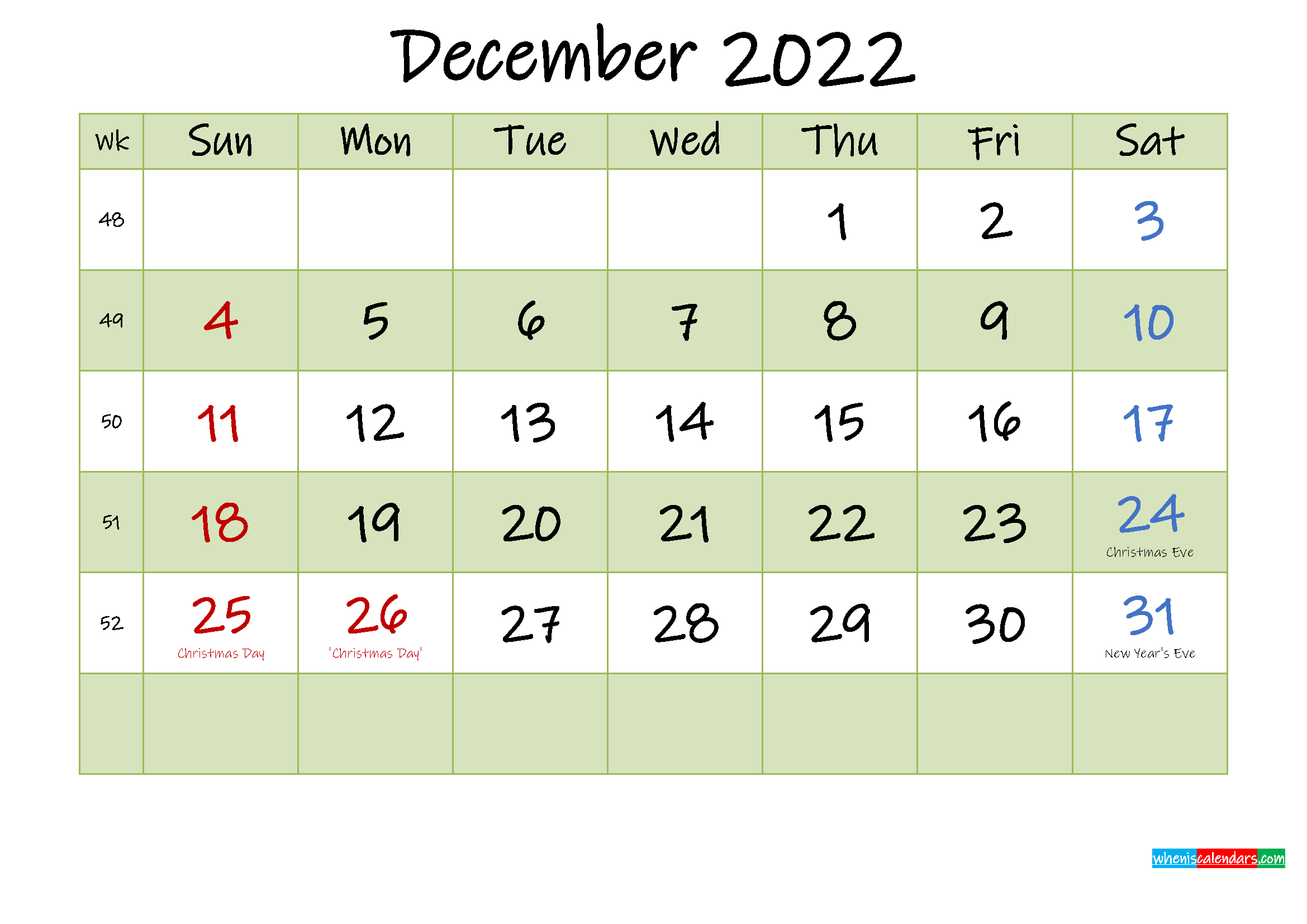 December 2022 Calendar With Holidays Printable - Template