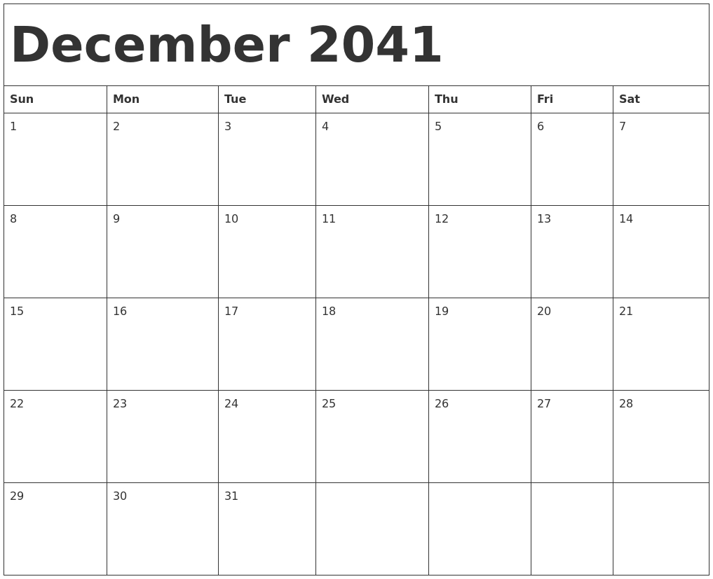 December 2041 Calendar Template