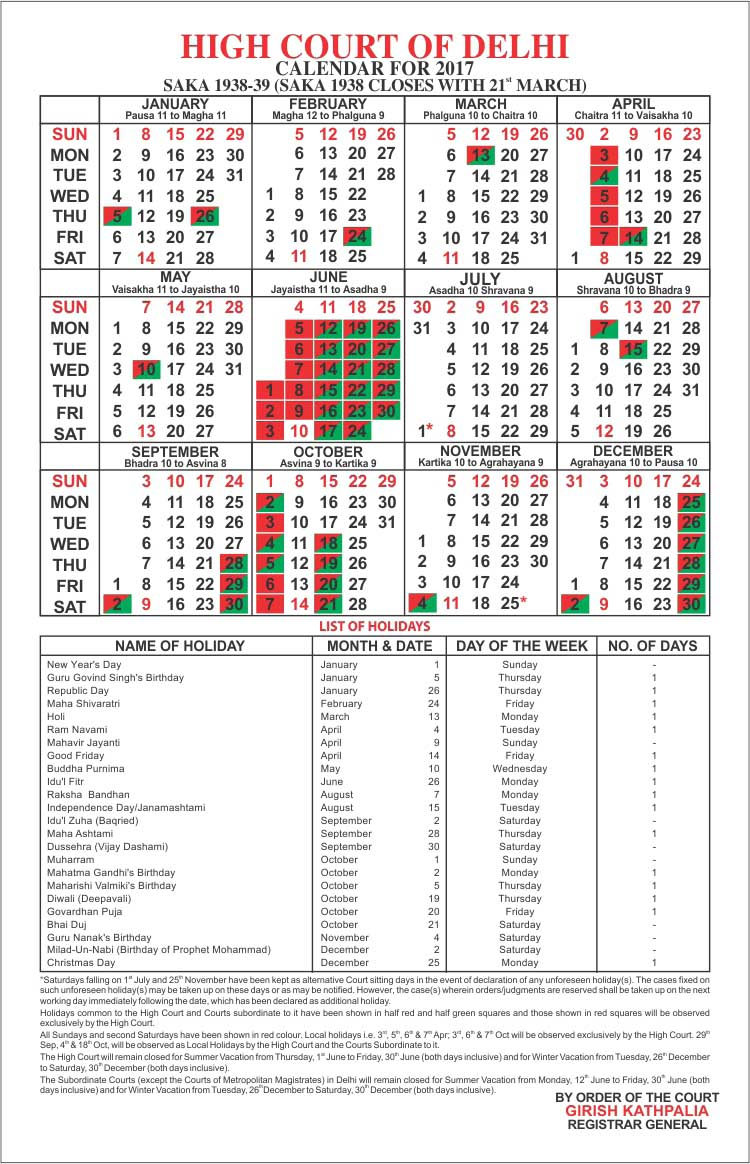 Delhi High Court Calendar 2022 - School Calendar 2022