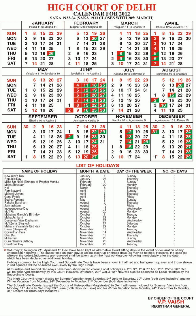 Delhi High Court Calendar 2022 - School Calendar 2022