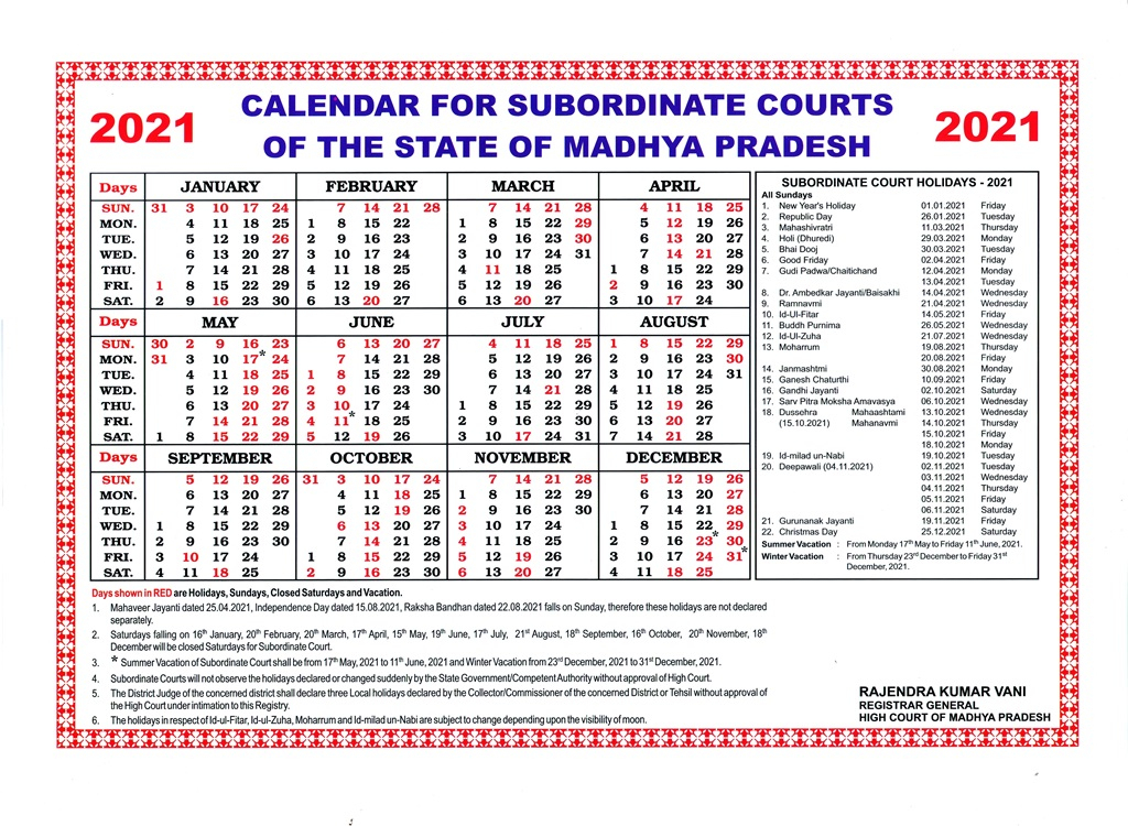 Delhi High Court Calendar 2022 - School Calendar 2022