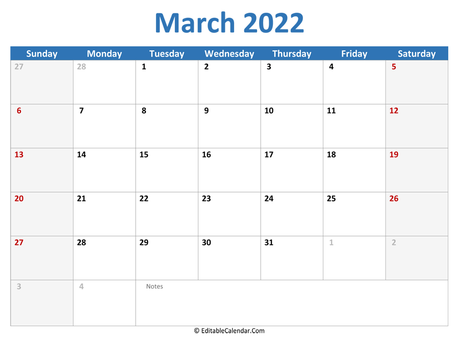 Download 2022 Printable Calendar March (Pdf Version)