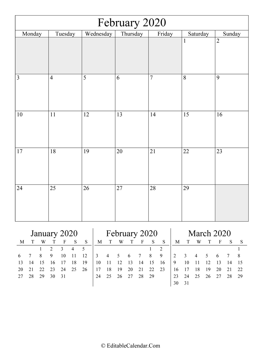 Download February 2020 Editable Calendar Portrait (Word