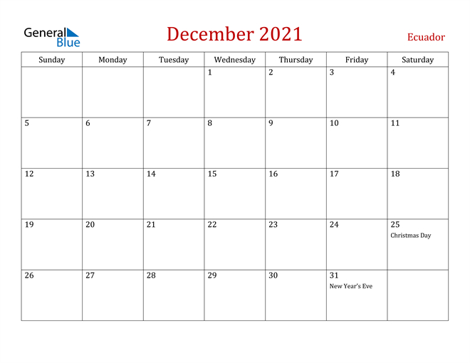 Ecuador December 2021 Calendar With Holidays