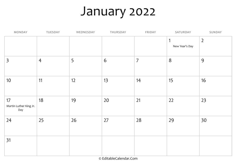 Editable Calendar January 2022