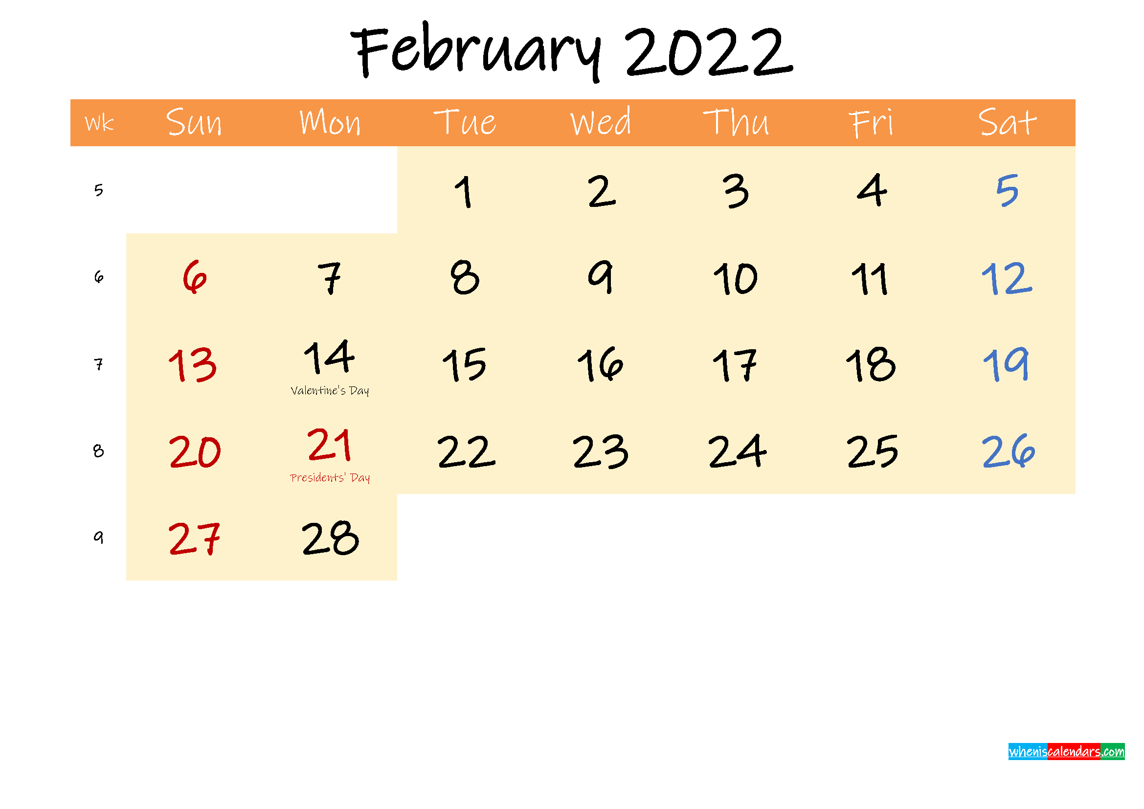 Editable February 2022 Calendar - Template No.ink22M242